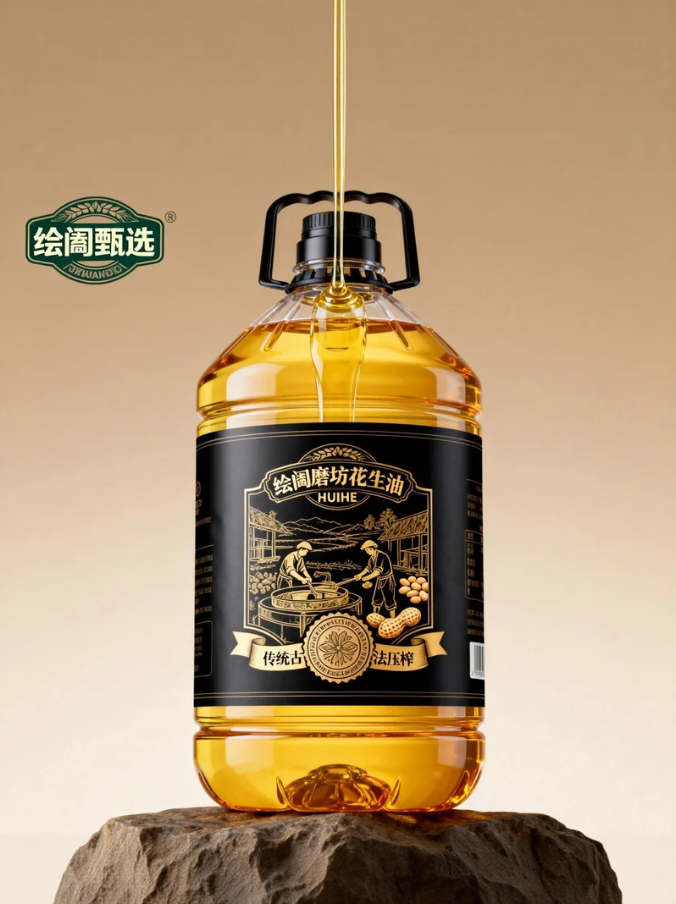 《黑金坊纹里的榨油烟火：绘阖磨坊花生油包装的传统匠艺表达》