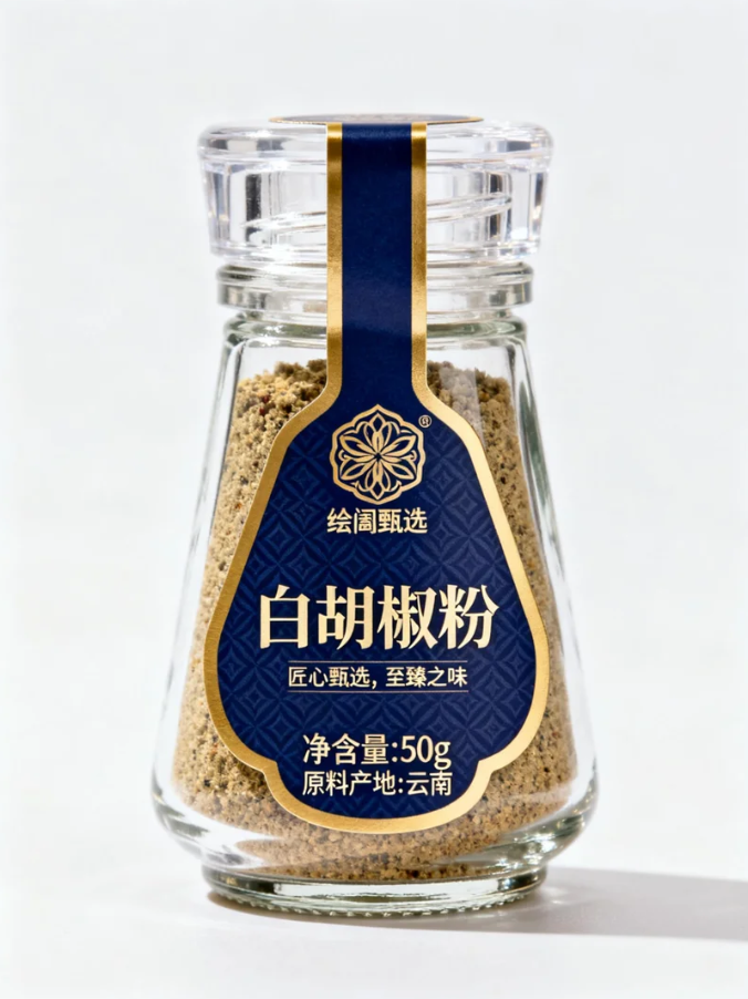 《藏蓝鎏金里的调味质感：白胡椒粉包装的精致厨房表达》
