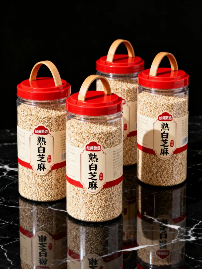 《红盖透瓶里的谷香烟火：熟白芝麻包装的厨房实用美学》