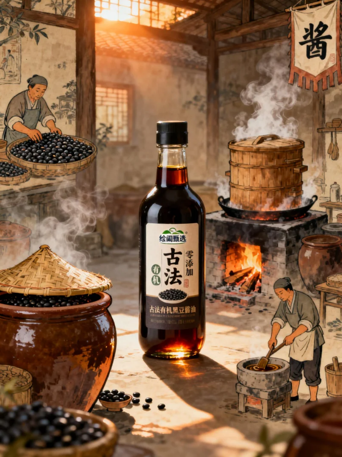 《古坊烟火里的酱韵本真：古法有机黑豆酱油包装的匠艺质感表达》