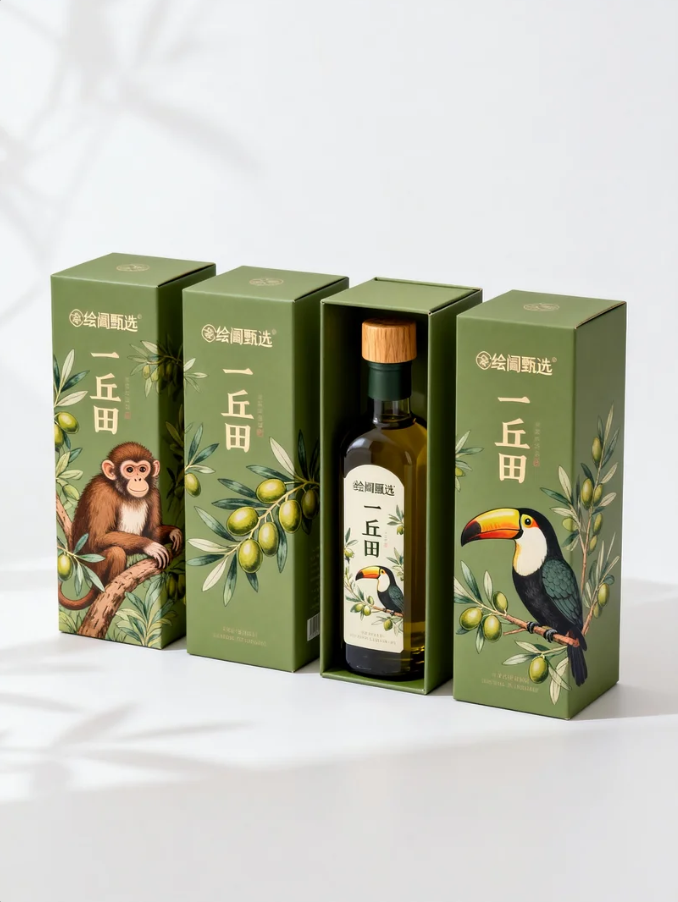 《森系萌趣里的轻氧食光：“一丘田”橄榄油包装的自然礼盒表达》