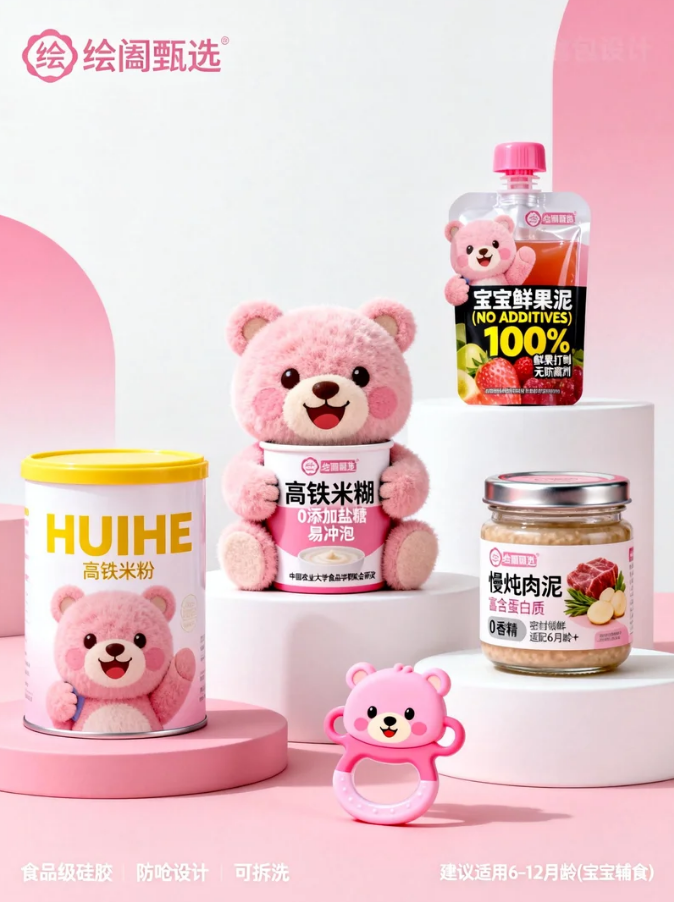 《粉萌小熊里的婴童食愈：绘阖甄选宝宝辅食包装的亲抚质感表达》