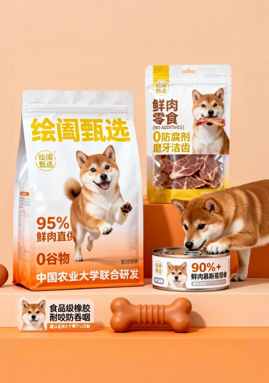 《暖橙萌犬里的宠食安心：绘阖甄选宠物食品包装的陪伴质感表达》